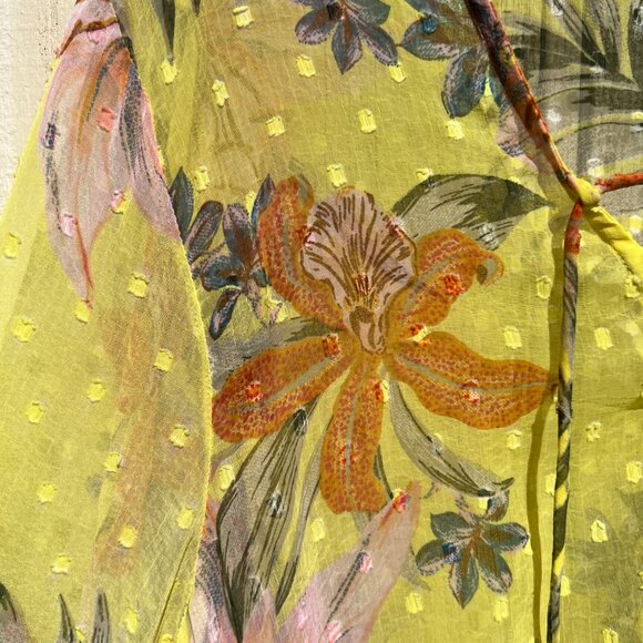 NWOT Beach Cover-Up Dress Sheer Yellow Tropical Floral with Pom-Pom Trim, Size M - Picture 7 of 9